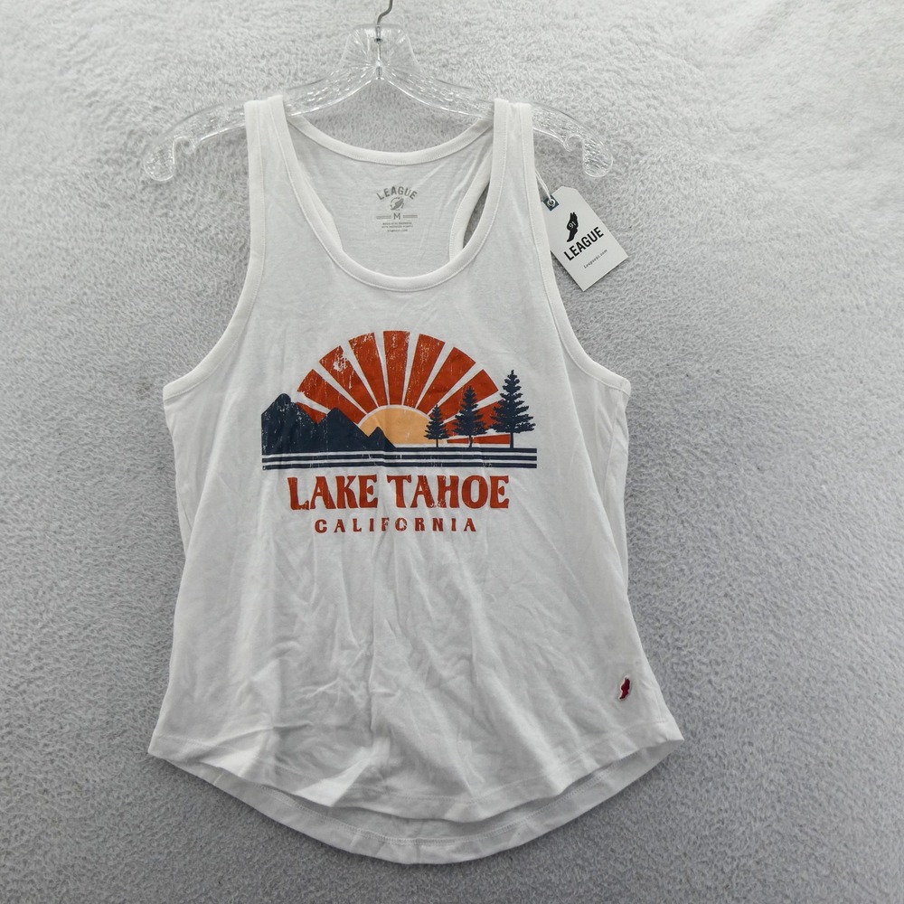 League Tank Top Womens Medium Lake Tahoe California White Graphic Recycled Blend